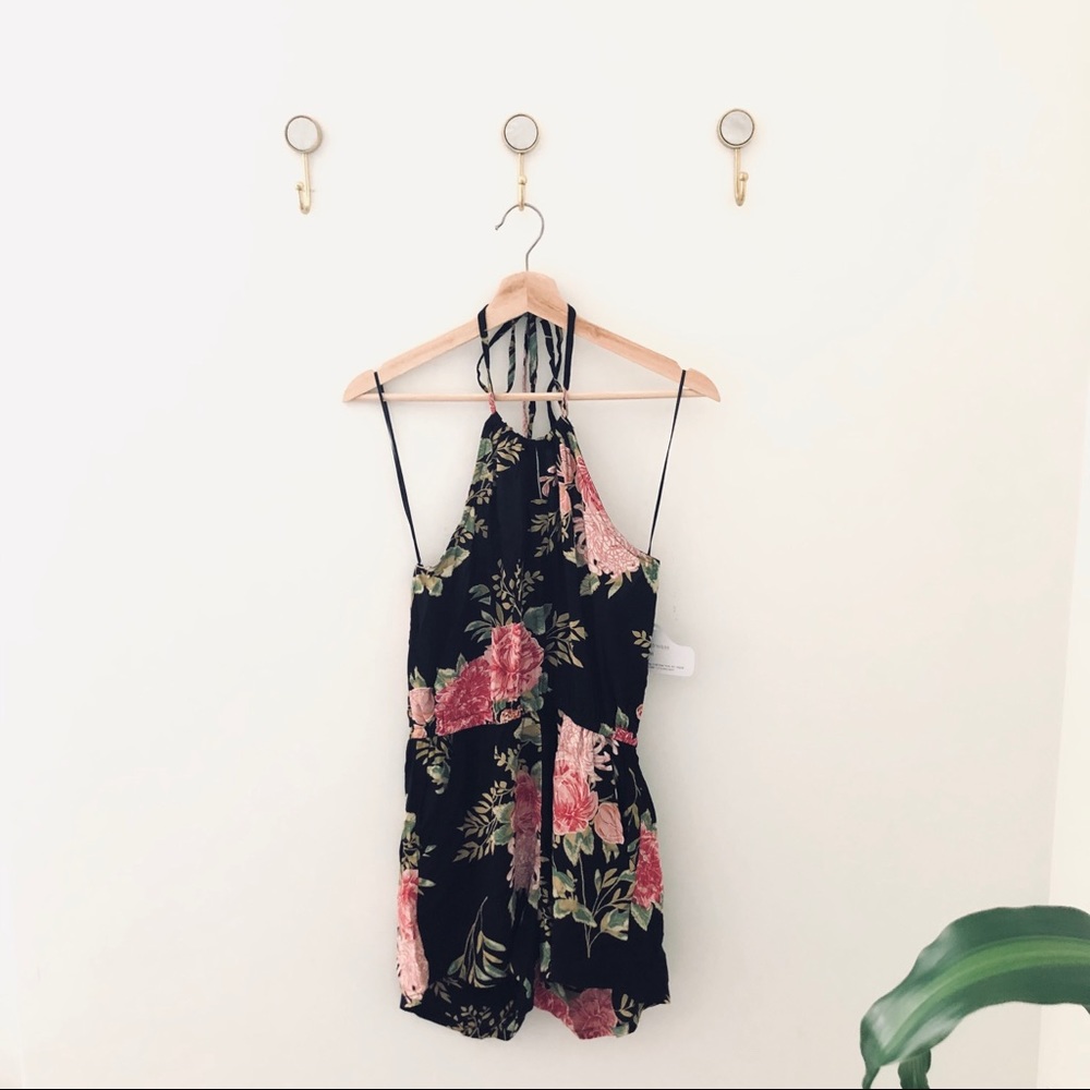 ANGIE black pink floral romper shorts medium